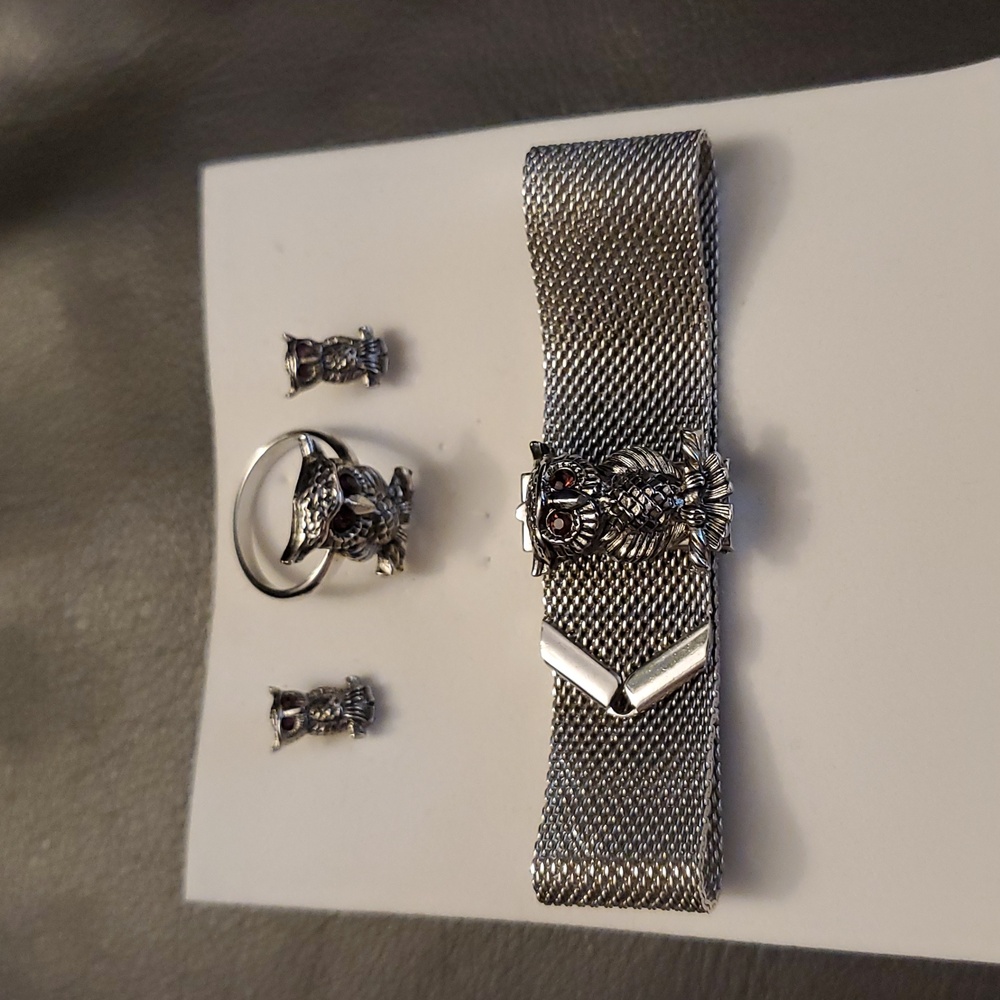 Vintage SARAH COVENTRY SIlver OWL NOCTURNE Earrings Bracelet & Ring Jewelry Set - Picture 2 of 6